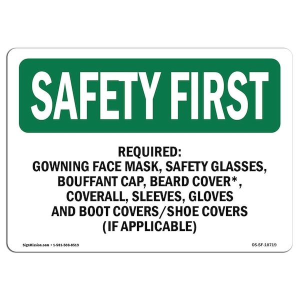 OSHA Sign, Required- Gowning Face Mask Glasses, 10in X 7in Aluminum, 10" W, 7" H, Landscape